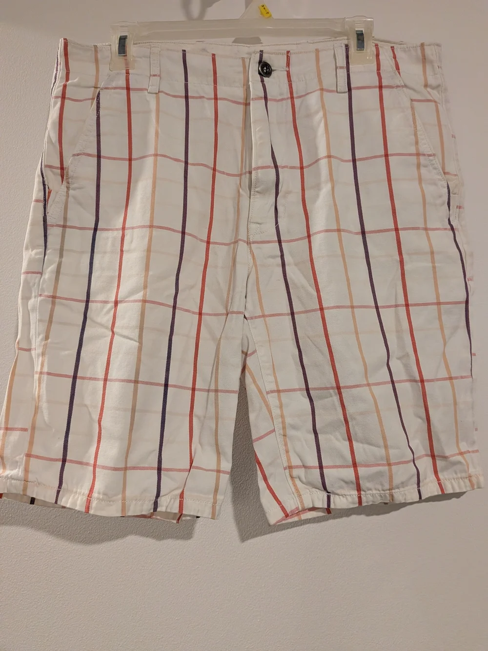 Levi's White Plaid Flat-Front Shorts with Red and Purple Stripes